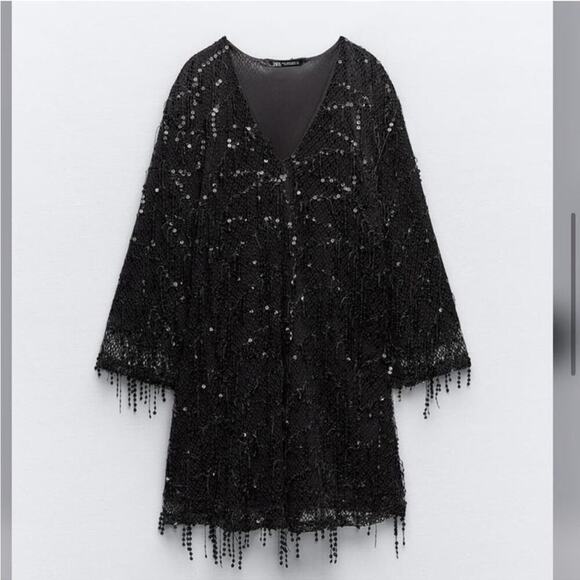 Zara Black FRINGED SEQUIN MINI DRESS Size Large - Picture 9 of 14